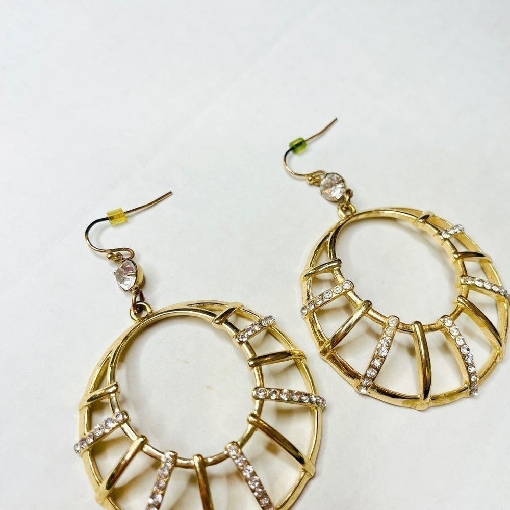 GOLD-TONE Metal Rhinestone Studded Round Hoop Dangle Drop Earrings - Picture 4 of 6